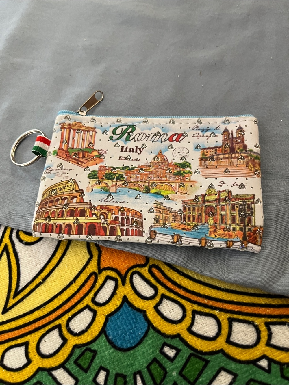 #13 NWOT Blue-based Roma Italy Coin Purse w/ Multicolor Cityscape & Glitter